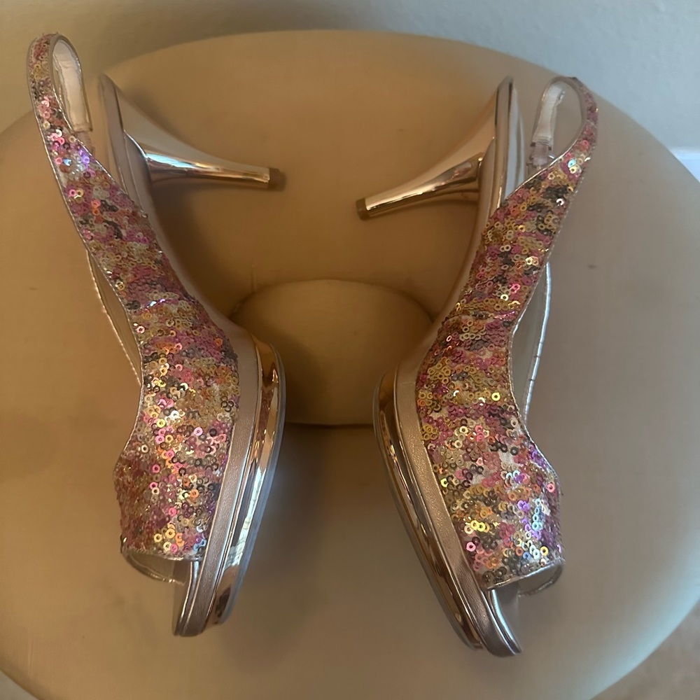 NIB Nine West Sequin Open-Toe Women's Shoes - Pink and Gold - Picture 3 of 5